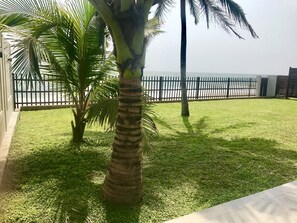 Enjoy a serene outdoor space with a lush lawn, palm tree, and scenic views of the nearby water.