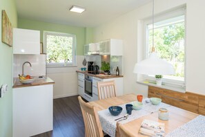 Fridge, oven, stovetop, dishwasher - Lotta - Family vacation home, WLAN free, sauna, fireplace, 6 pers. (Fehmarn)