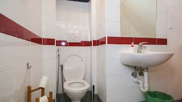 Un baño con inodoro, lavamanos y ducha.