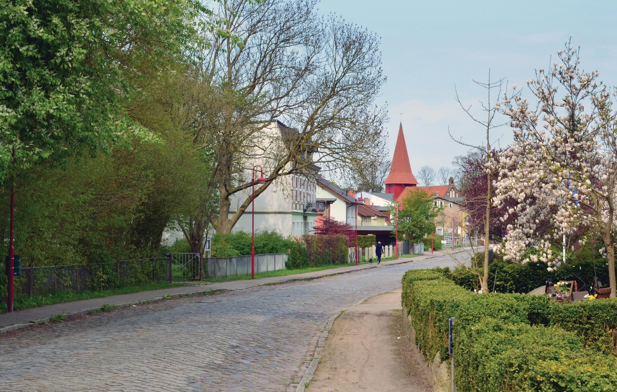 Une rue pavée bordée d’arbres et une église surmontée d’une flèche rouge.