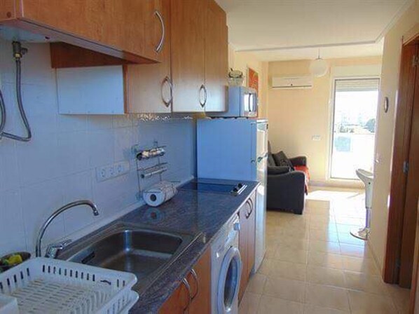Una cucina compatta con lavatrice, lavandino e un piccolo piano di lavoro.
