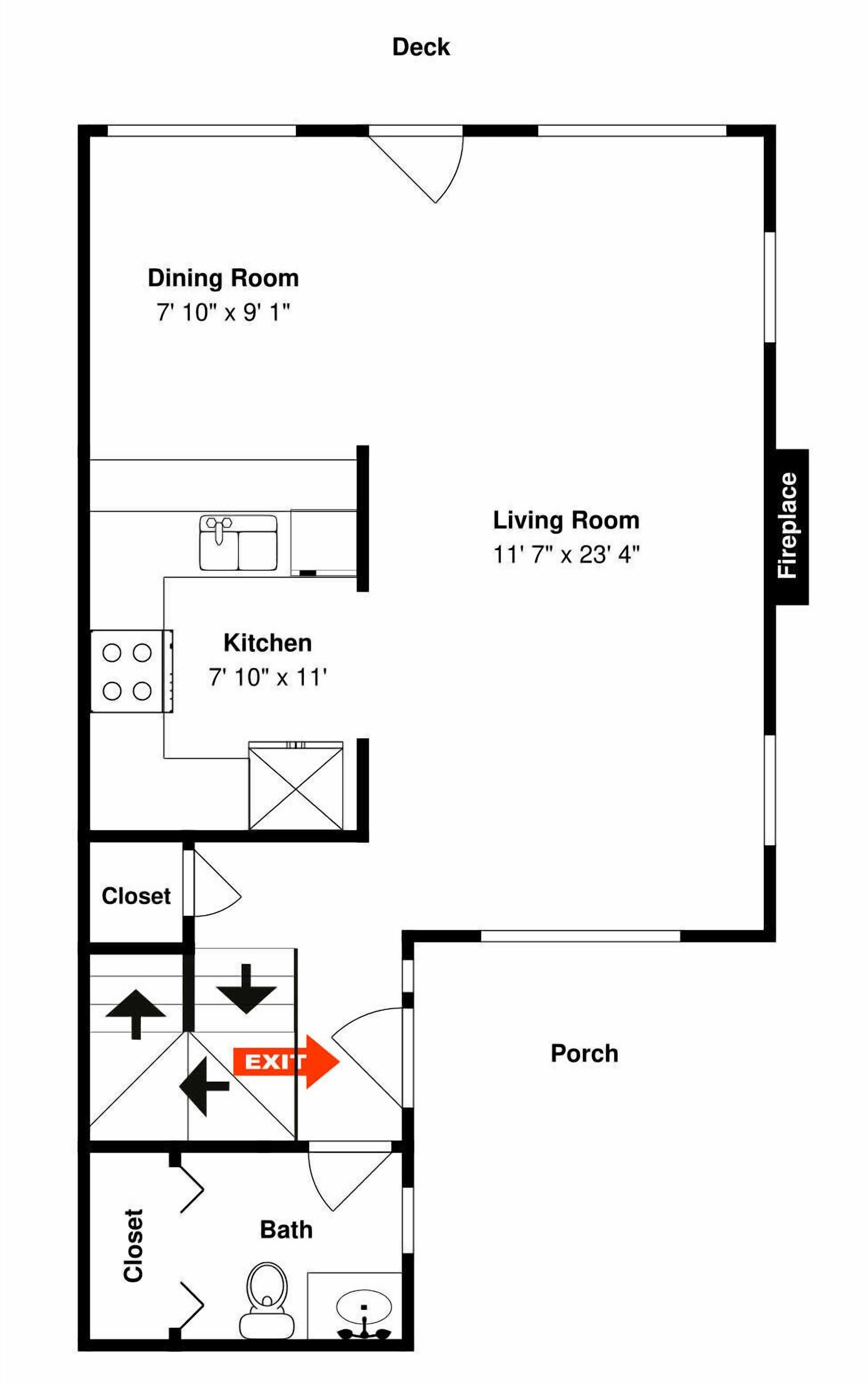 Plano de planta que muestra un comedor, cocina, sala de estar, porche y dos armarios.