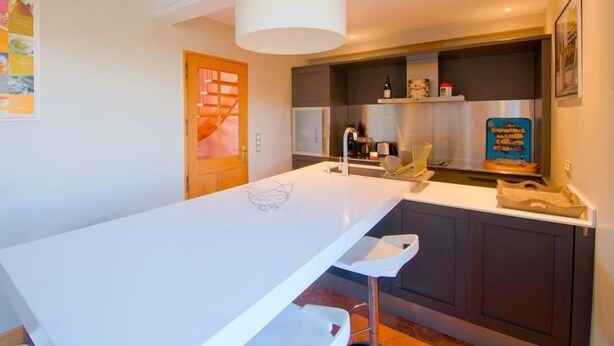 A modern kitchen with a large island, dark cabinetry, and a hanging light fixture. - Les Temps Perdus (Prehy)