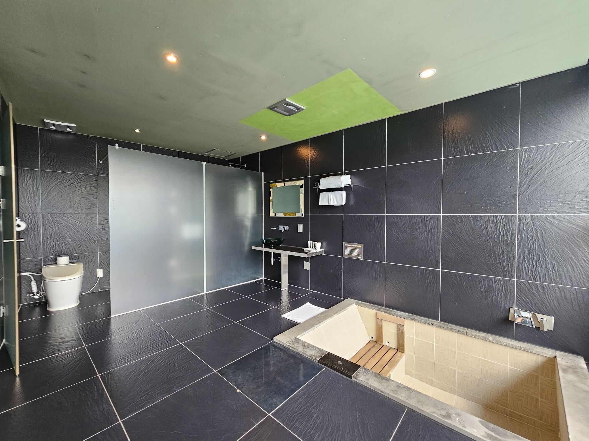 A modern bathroom with a large bathtub, a toilet, and a sink.