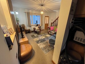 Smart TV, fireplace, books