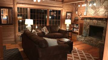 TV, fireplace, books