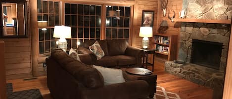 TV, fireplace, books
