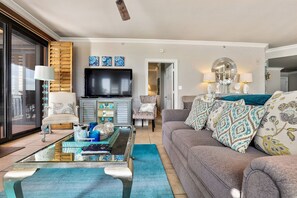 TV, DVD player, books, stereo