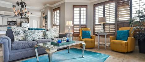 TV, DVD player, books, stereo