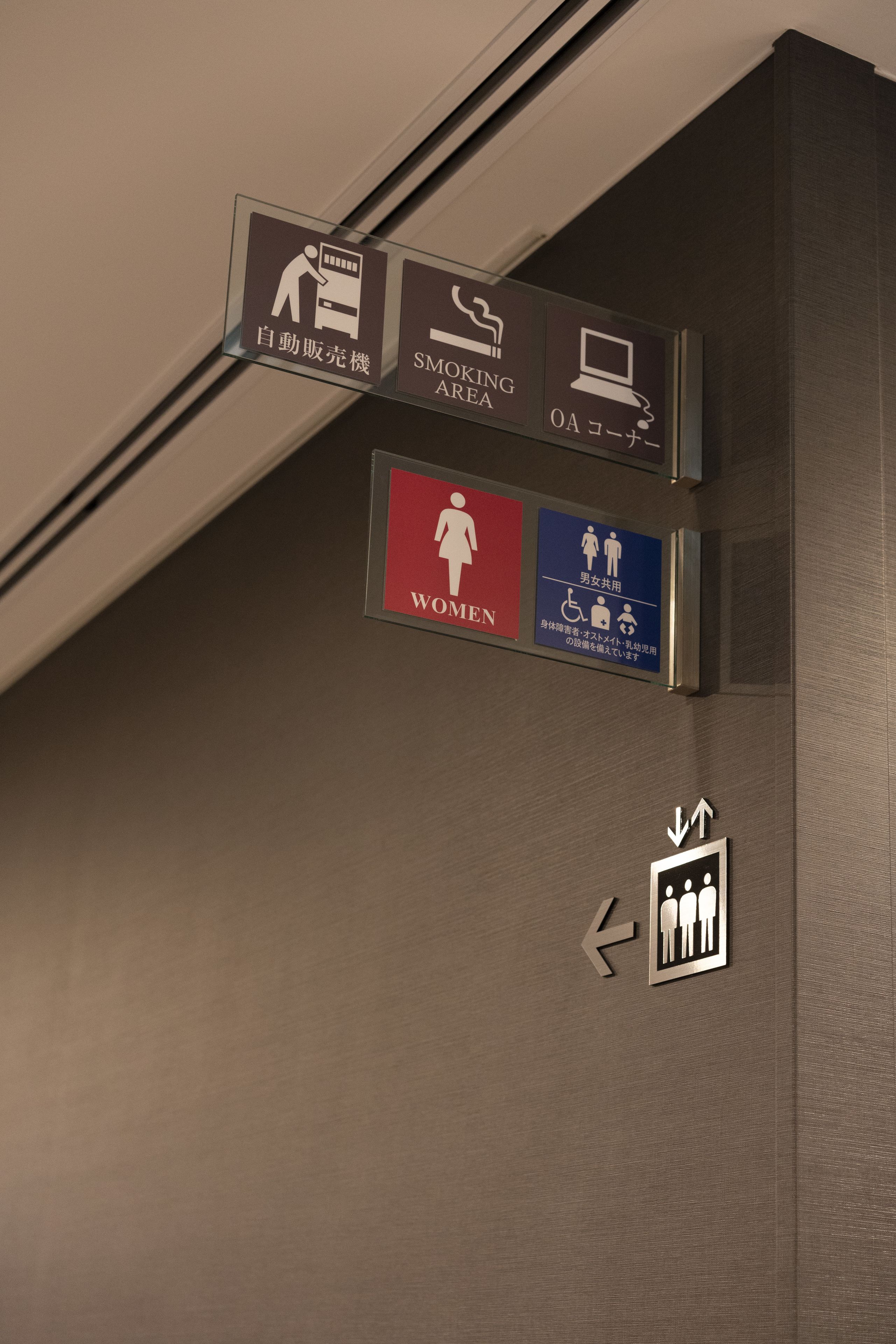 Beschilderung für Selbstdeponie, Raucherbereich und Toiletten für Frauen und Menschen mit Behinderung.