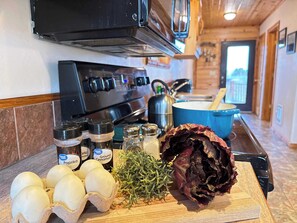 A kitchen with a stove, a blue pot, and various spices and vegetables on the counter.