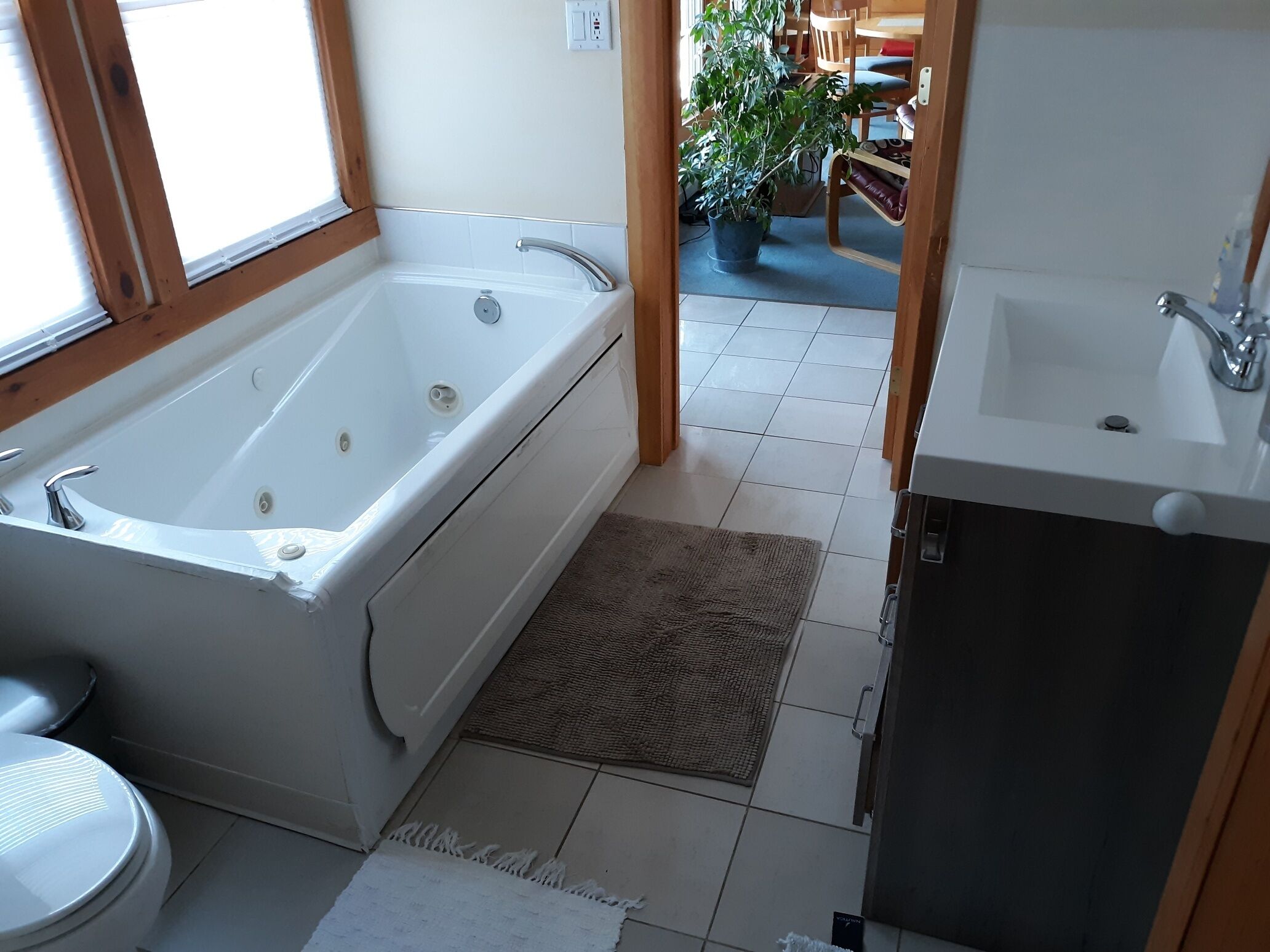 Jetted tub, hair dryer, towels, soap