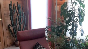 A wooden rocking chair with a patterned cushion in a room with wooden walls, a cactus, and a potted plant. - Idyllic Lakefront House Suited Two  Families (Ludlow)