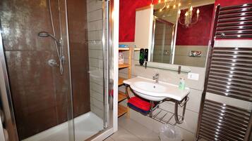 Shower, hair dryer, bidet, towels