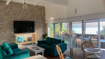 Télévision, cheminée, lecteur de DVD