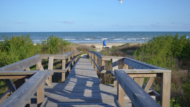 A wooden boardwalk leading to a beach with a clear view of the ocean and a seagull flying overhead. - Sunny Days - Beautiful, large Deck, and Nice Views! Free WIFI & Pet-Friendly! (Surfside Beach)