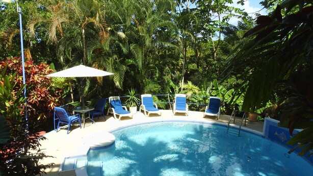 A circular pool with blue water, surrounded by blue lounge chairs and a white umbrella. - Crew's Nest at Bayview Villas, Poolside Studio close to Grafton Beach (Black Rock, Pleasant Prospect)