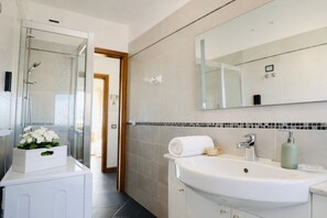 Shower, hair dryer, bidet, towels