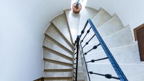 Una escalera en espiral con barandilla y una planta en maceta en la parte superior.