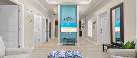 Flat-screen TV, DVD player, stereo