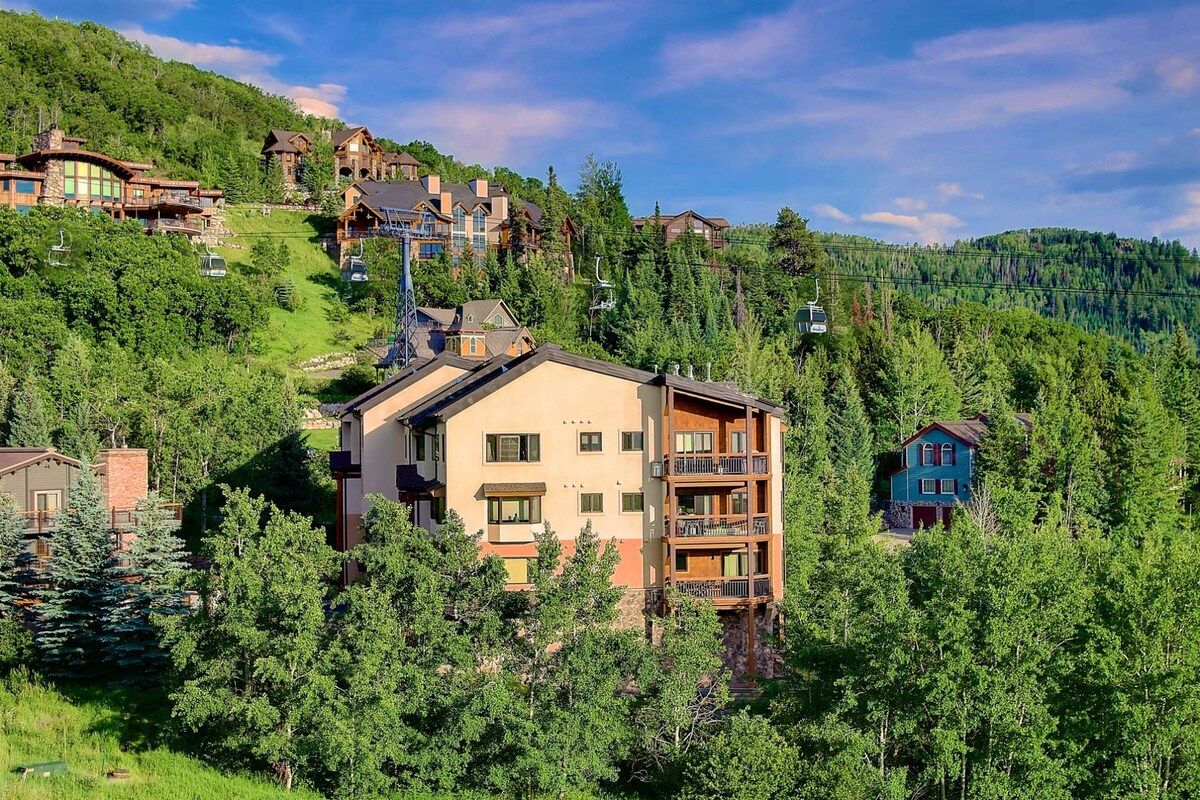Un chalet de montagne comprenant plusieurs bâtiments, un télésiège et une forêt dense.