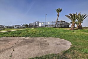 Un'area recintata con vialetto in cemento, palme e un edificio sullo sfondo.