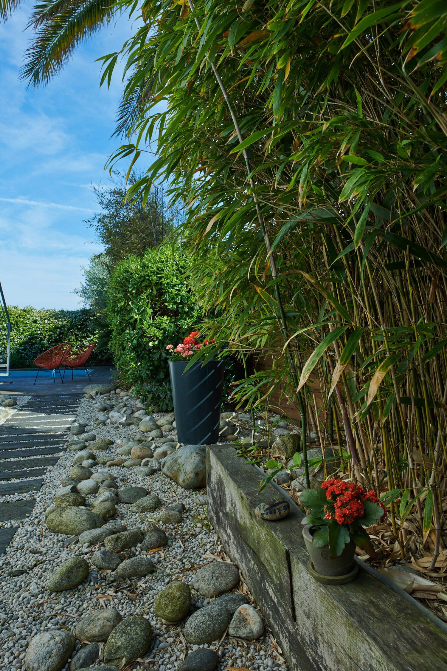 A garden pathway with a wooden fence, pebbles, and potted plants.