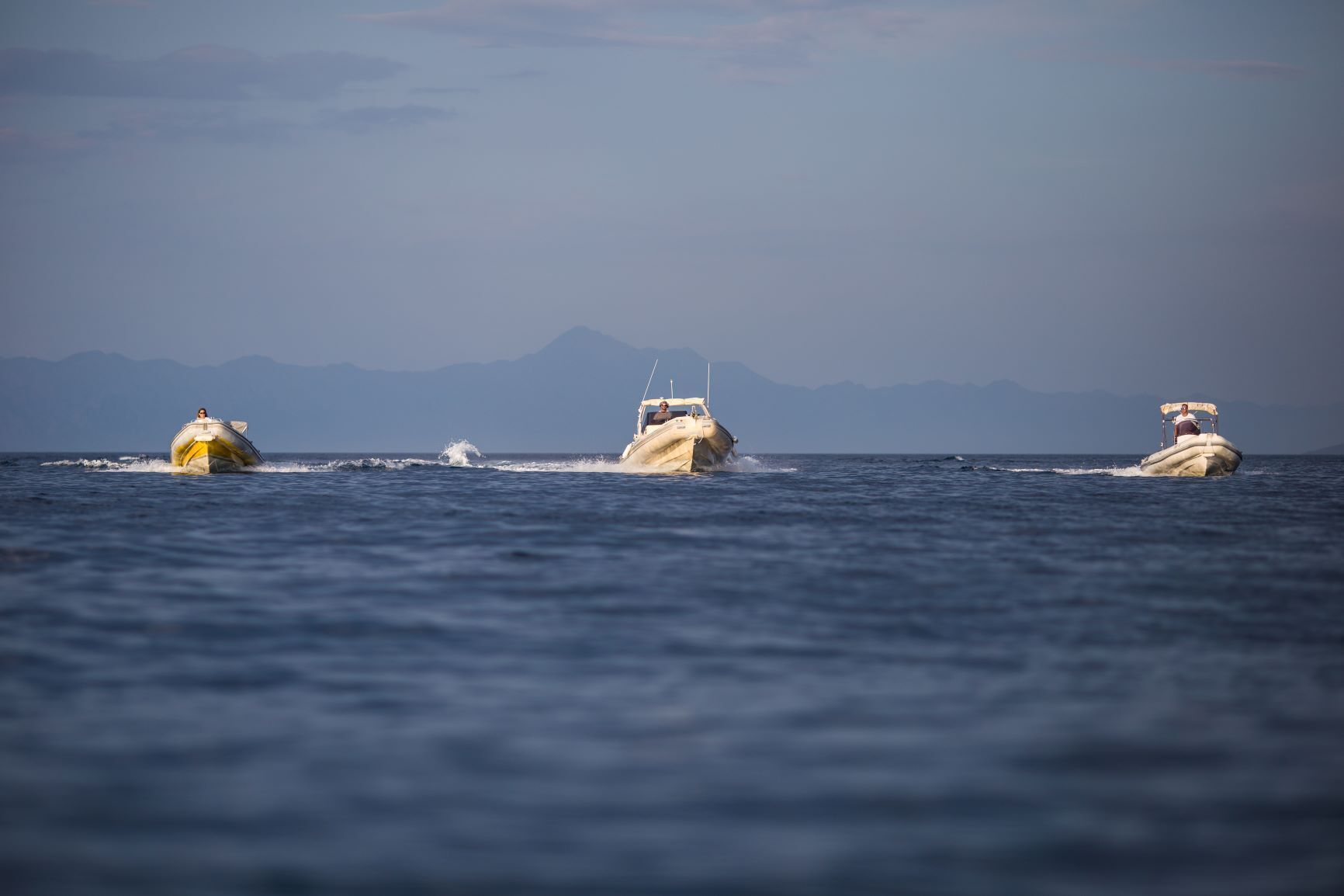Tres lanchas rápidas en un mar tranquilo, con montañas al fondo.