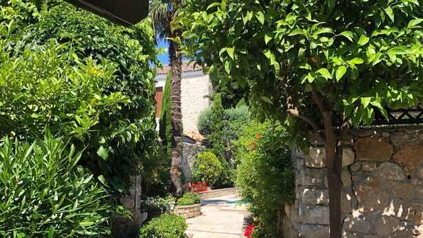A stone pathway flanked by lush greenery and flowering plants, leading to a stone wall and a clear blue sky.