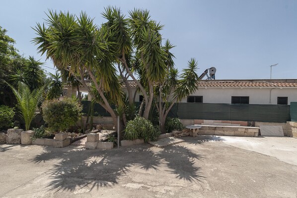 A courtyard with palm trees, a concrete bench, and a building with a tiled roof.