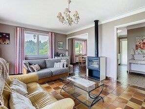 Televisión, chimenea, libros