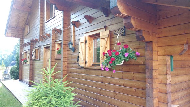 A wooden cabin with multiple windows, some with shutters, and hanging flower baskets.