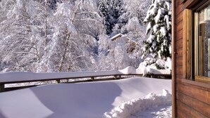 A wooden cabin with a snow-covered deck and a view of snow-laden trees.