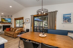 Smart TV, fireplace, books