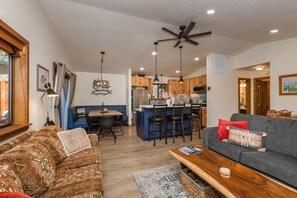 TV connectée, cheminée, livres