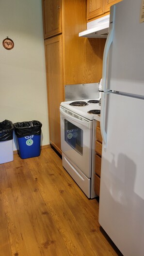 Cocina con gabinetes de madera, un refrigerador blanco y una estufa de acero inoxidable. Hay dos botes de basura negros con símbolos de reciclaje.