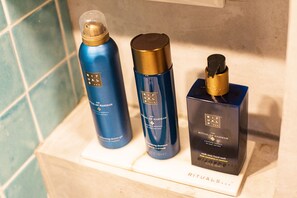 Douche, sèche-cheveux, serviettes fournies, savon