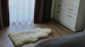 A bedroom with a large wardrobe, a fluffy rug, and a view of buildings outside.