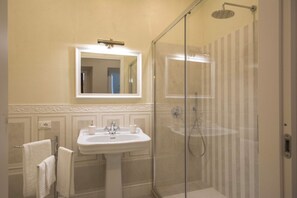 Shower, hair dryer, bidet, towels