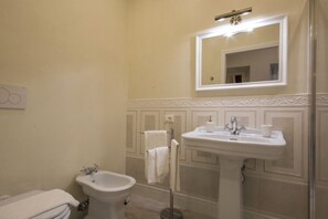 Shower, hair dryer, bidet, towels