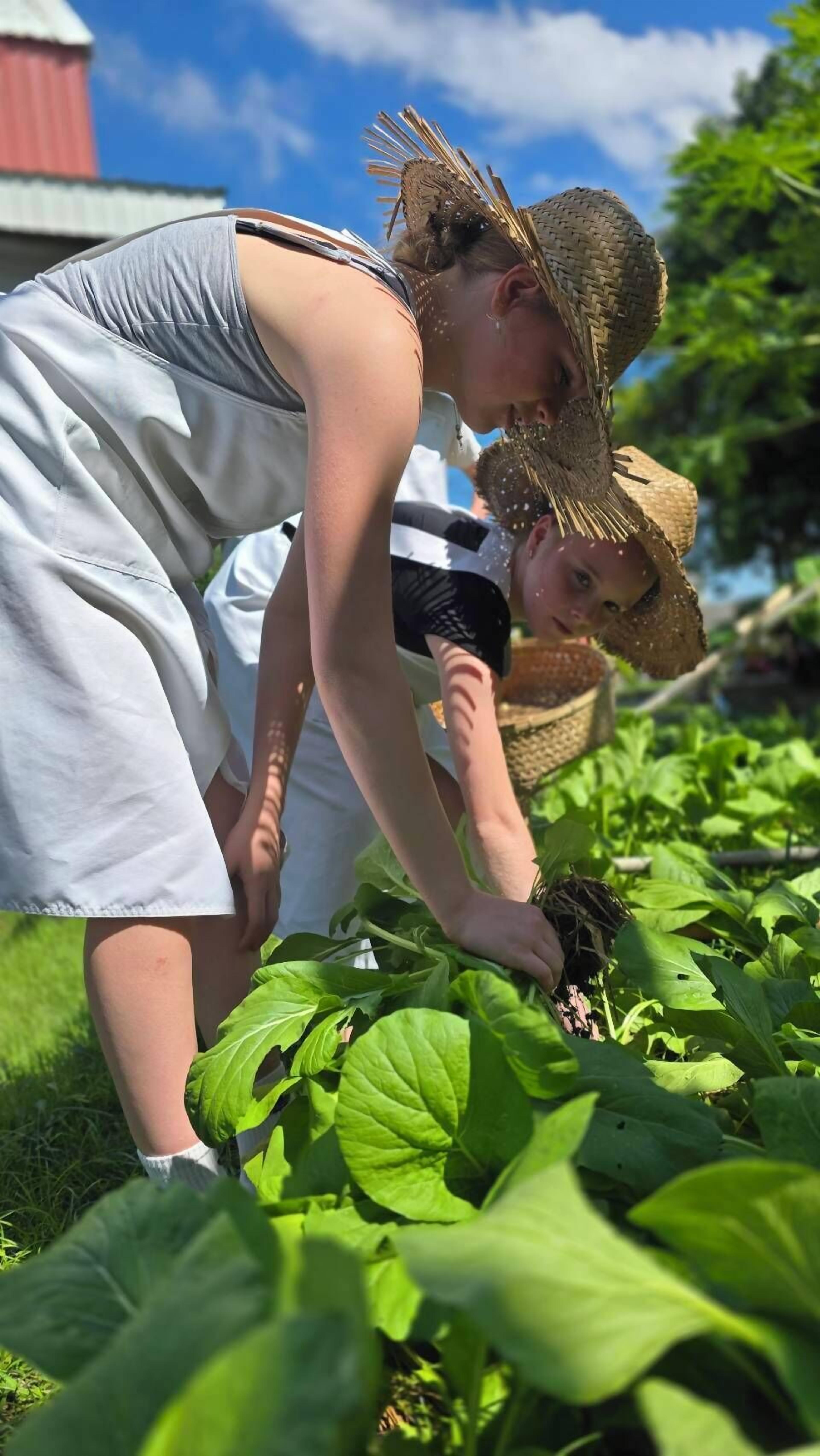 Two people tending to plants in a garden with a red building in the background.