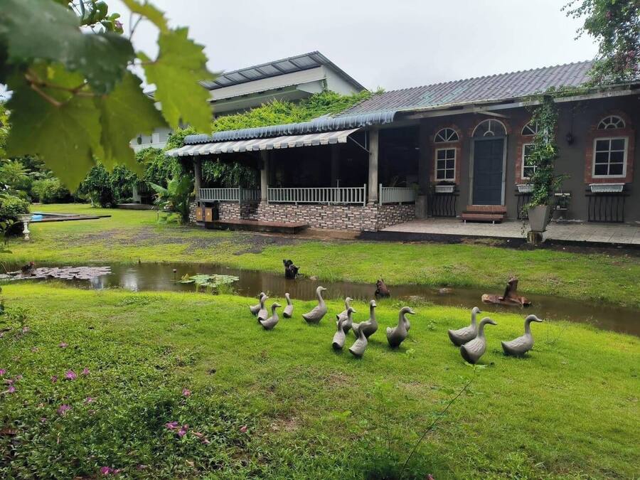A house with a pond and ducks.