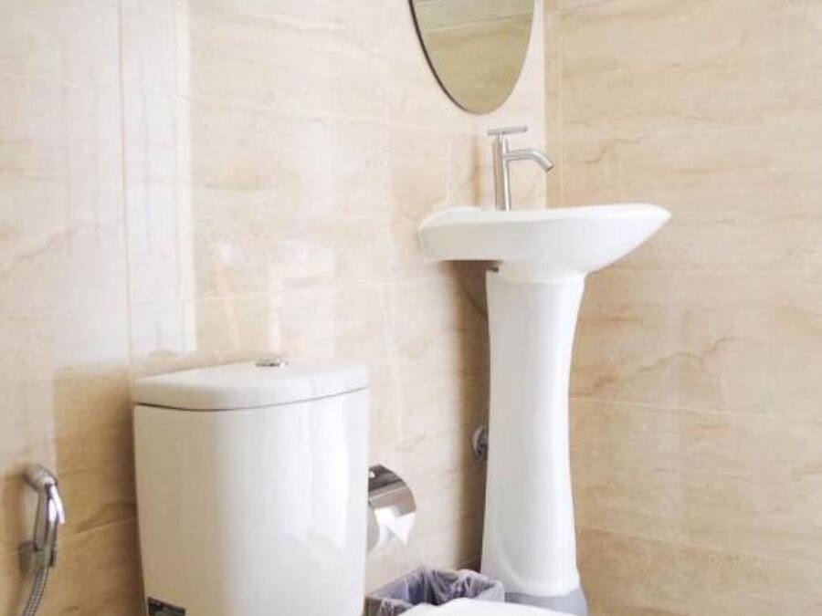 Une salle de bain équipée d’un WC, d’un lavabo, d’un miroir et d’une étagère en verre.