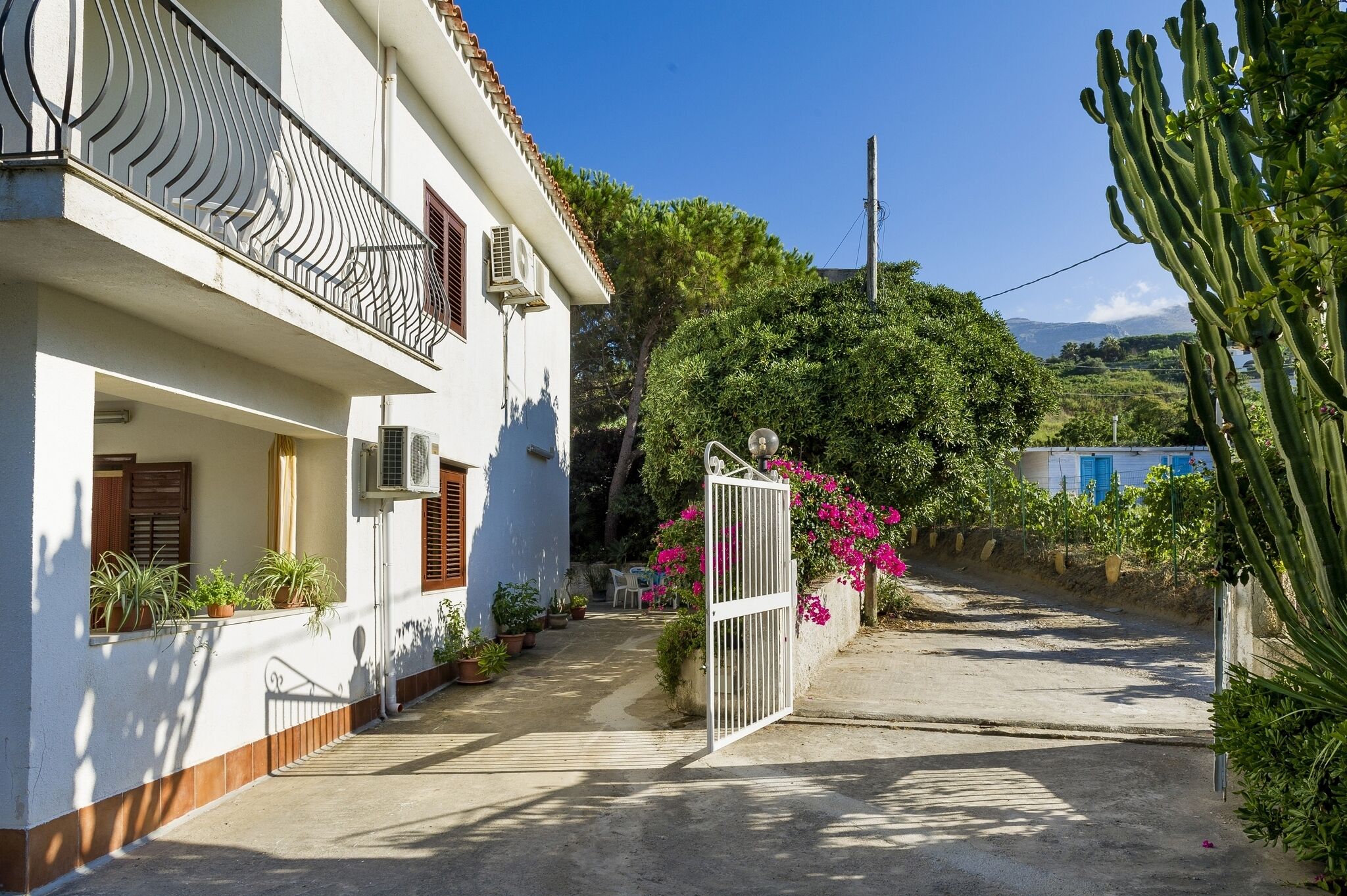A white building with a balcony, potted plants, and a gate.