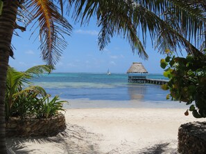 On the beach, sun loungers, beach towels
