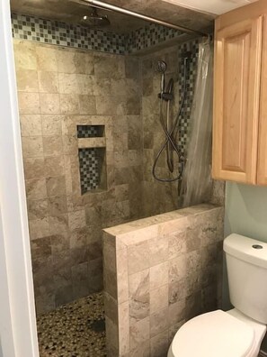 Hair dryer, towels, shampoo