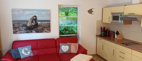 Un espacio habitable pequeño con un sofá rojo, una cocina compacta y una ventana con vistas a zonas verdes.