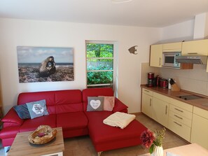 A compact living space with a red sofa, a small kitchen area, and a window with a view of greenery. - Apartment Hühnergott - Kölp - forest and sea(h)r (Loddin)