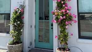 A building with a turquoise door, potted plants with pink flowers, and a wall-mounted light fixture.