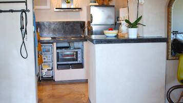 Fridge, microwave, stovetop, coffee/tea maker